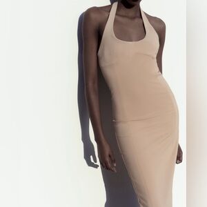 Zara fitted High Neck Dress Taupe Brown